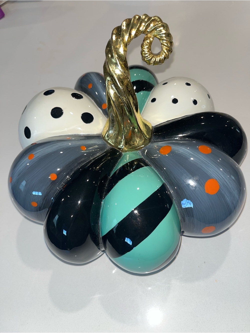 Mackenzie Childs Decorative Pumpkin Sculpture in Teal, Black, White and Gold